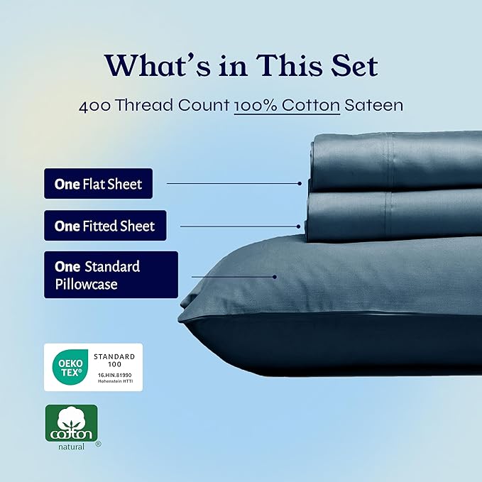 California Design Den Twin XL Sheet Sets - 400 Thread Count Sateen, 100% Cotton Sheets Set, Deep Pockets, Cooling and Durable Bedding for Dorm Rooms & Adults - Peacock Blue