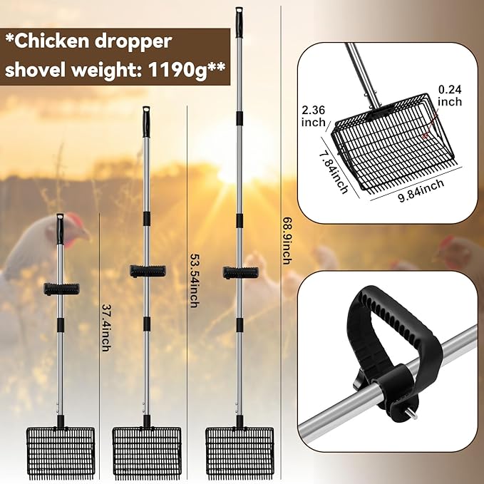 2 in 1 Chicken Poop Scooper Rake , 2 Rakes and 4 Sections Adjustable Stainless Steel Handle 37.4 - 68.9 Inch, Litter Scoop Chicken Coop Scoop for Animal Farm and Poultry Habitats with Gloves-Mewly Pet