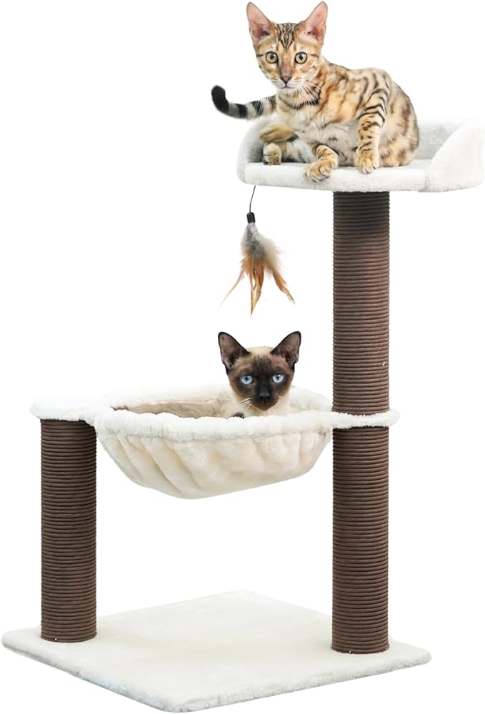 Catry Nirvana 3-Level Kitten Tree with Plush Perch, Soft Hammock, and Paper Rope Scratching Posts, Minimalist Cat Furniture for Climbing, Scratching & Resting, Ideal for Kittens & Small Cats, Beige-Mewly Pet