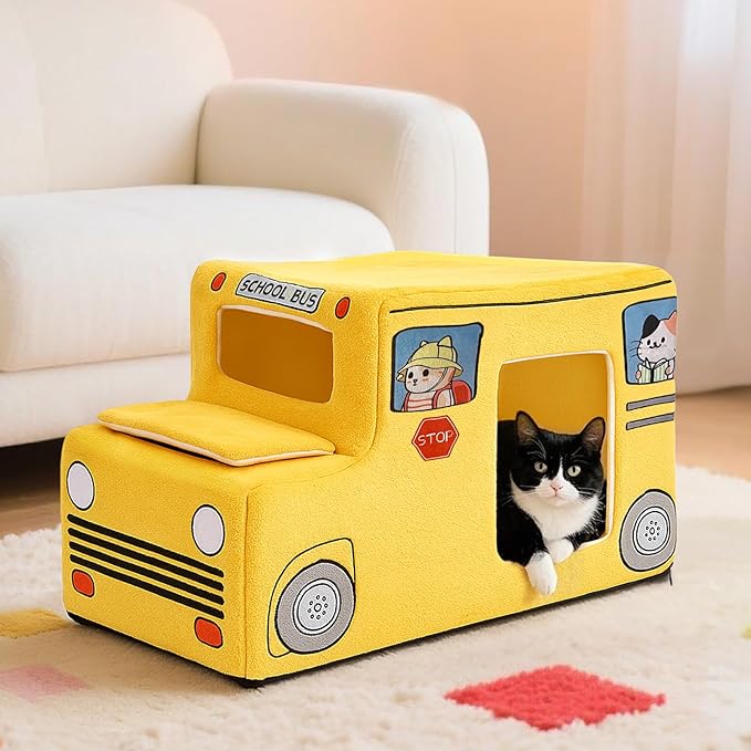 Cute Cat Beds Kitten Beds, Soft Small Dog Beds, Washable Pet Beds for Puppy and Kitty, Funny School Bus Cat Cave, 23 Inches-Mewly Pet