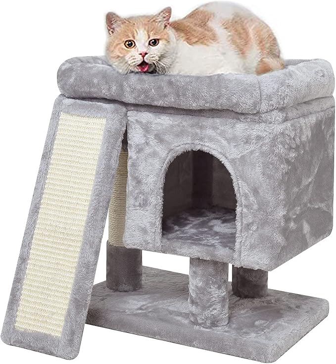 SYANDLVY Small Cat Tree for Indoor Cats, Cat Tower with Scratching Post, Modern Activity House for Large Cats, Condo with Board, Kittens Cave (Light Grey)-Mewly Pet