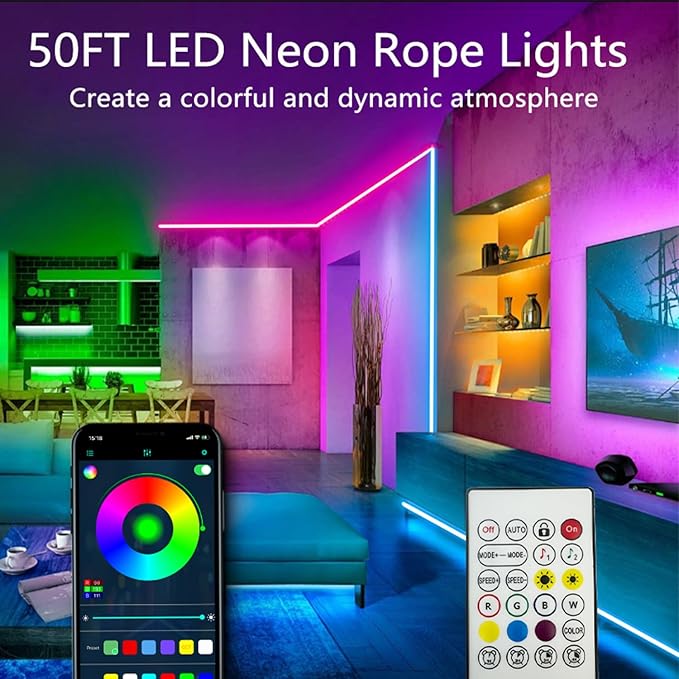 50FT Neon Rope Lights,Flexible Led Rope Light Control with App/Remote,Multiple Modes,Music Sync,IP65 Outdoor RGB Led Strip Lights Waterproof