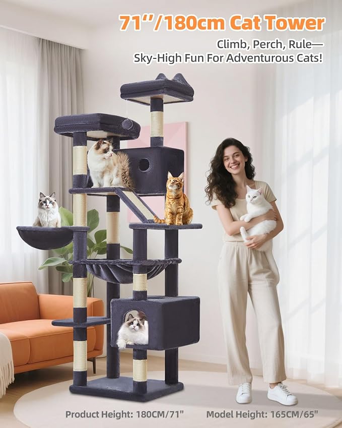 Taoqimiao Cat Tree 71-Inch, Cat Tower for Indoor Cats Large Adult, Multi-Level Large Cat Condo, 8 Sisal Scratching Posts, Metal Frame Cozy Hammock, Scratch Board, 2 Top Perches, Smoky Gray MS026LG-Mewly Pet