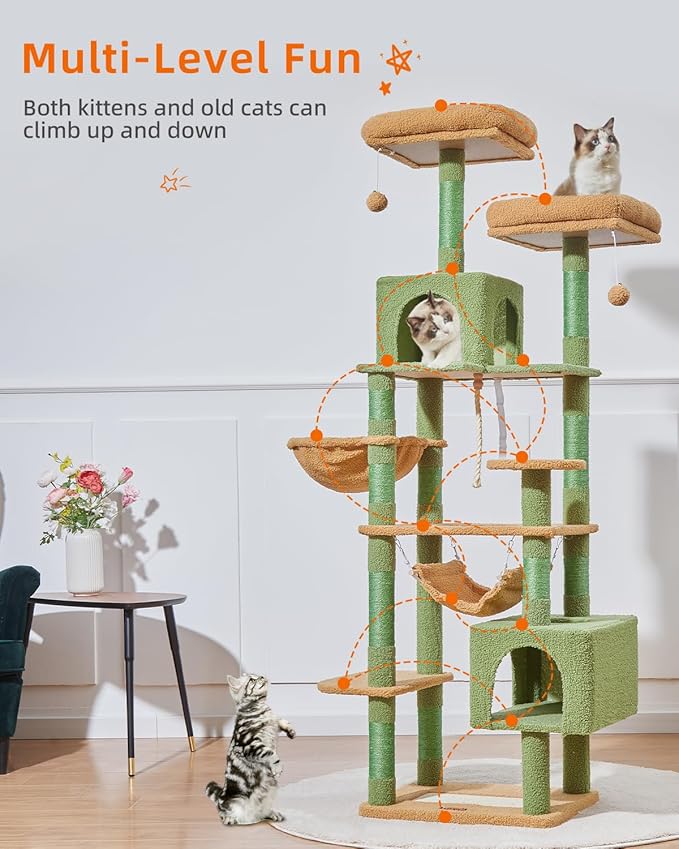 Taoqimiao Cat Tree, 71-Inch Cat Tree Cat Tower for Indoor Cats, Plush Multi-Level Cat Condo with 10 Scratching Posts, 2 Perches,Basket, 2 Caves,Hammock, 2 Pompoms,MS020T Cactus-Mewly Pet