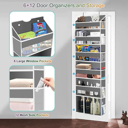 Over The Door Organizer Closet,6 Bins 12 Side Pockets,Hanging Organizer,Anti Tilt 50 lbs Load Organizers and Storage with Clear Window for Bedroom,Nursery,Rv,Bathroom,Camper(Grey)