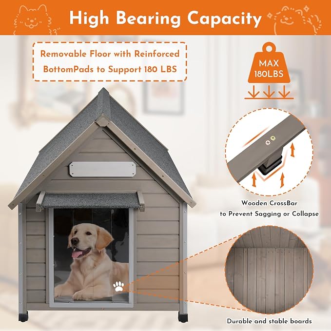 Outdoor Dog House Weatherproof Large Wooden Dog Kennel Indoor for Small Dogs with Chew-Proof Frame, Oxford Fabric Window, Removable Floor Pet Shelter (Grey, 30.5" D x 37.4" W x 39.3" H)-Mewly Pet