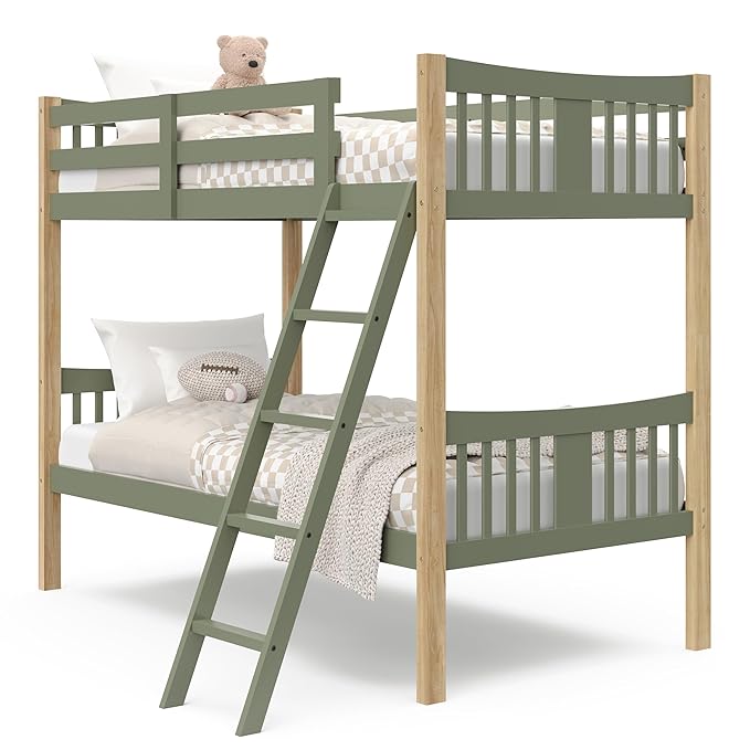 Storkcraft Caribou Bunk Bed Twin Over Twin Bunk Bed (Olive and Natural) - GREENGUARD Gold Certified, Twin Bunk Beds for Kids, Converts to 2 Individual Twin Beds (Mattress not Included)