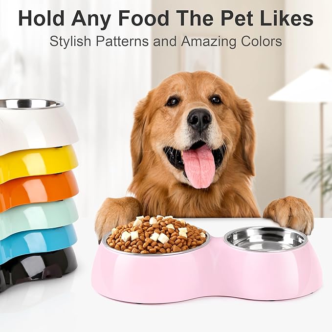 Elevated Dog Bowls Set - Non-Slip Raised Pet Feeder with Medium (10 oz) & Large (20 oz) Stainless Steel Bowls - Includes Durable Resin Stand for Puppies, Adult Dogs & Cats - Pink-Mewly Pet