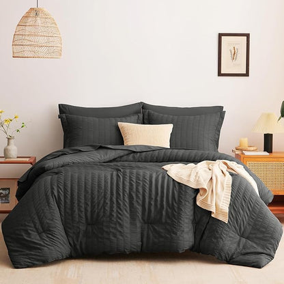 CozyLux King Size Comforter Set Dark Grey Seersucker 7 Pieces Bed in a Bag King Comforter Set with Sheets, Luxury Bedding Set with Down Alternative Comforter, Sheets, Pillowcases & Shams All Seasons