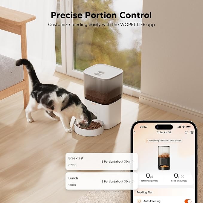 WOPET Automatic Cat Feeder, WiFi Dog Feeder with APP Control for Remote Feeding, Automatic Cat Food Dispenser with 10S Voice Record,1-10 Meals Per Day for Cats and Dogs-Mewly Pet