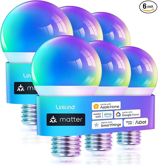 Linkind Matter Smart Light Bulb, WiFi Smart Bulbs, Work with Apple Home, Siri, Alexa, Google, SmartThings, RGBTW Color Changing Bulbs Mood Lighting, Music Sync, A19 E26 60W, 2.4Ghz WiFi 6 Pack