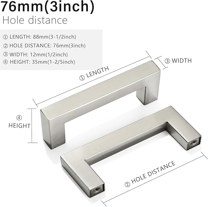Cabinet Pulls Brushed Nickel Cabinet Handles Square Drawer Pulls, 30 Pack 3 Inch Stainless Steel Kitchen Door Cupboard Cabinet Handles, Cabinet Hardware Drawer Handles, 76mm Hole Centers