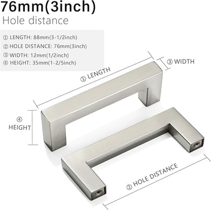Cabinet Pulls Brushed Nickel Cabinet Handles Square Drawer Pulls, 2 Pack 3 Inch Stainless Steel Kitchen Door Cupboard Cabinet Handles, Cabinet Hardware Drawer Handles, 76mm Hole Centers