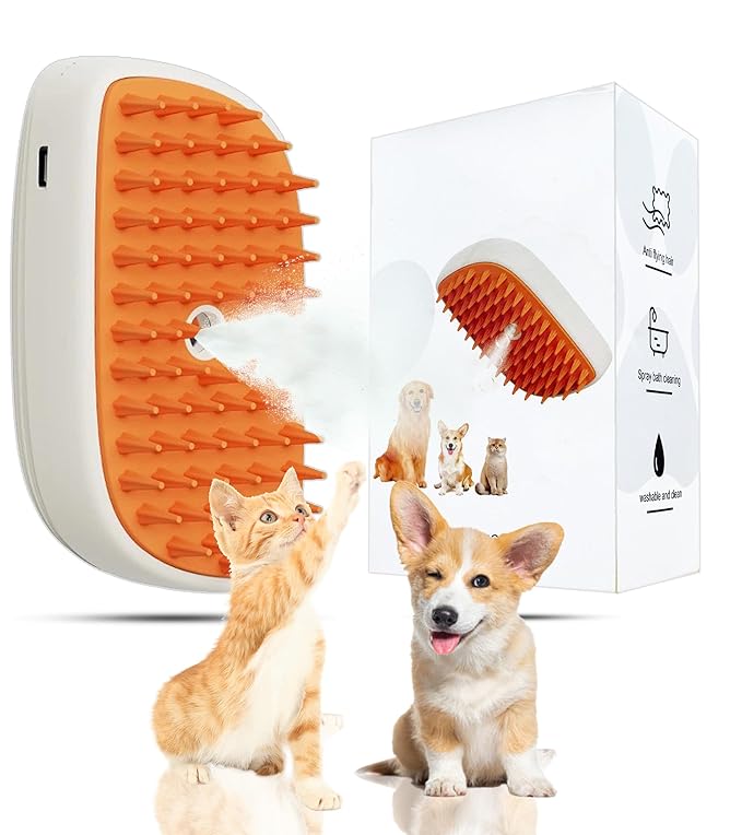 Pet Steam Brush For Cat & Dog - Pets Spray Hair Removal Comb - Cats Indoor Shedding & Grooming Mist Tool - Water Steamer Brushes for Long & Short Haired Dogs - Spritz Defur Comb (Orange)-Mewly Pet