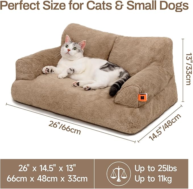 MEWOOFUN Dog Couch, Supportive Small Dog Bed for Puppy and Cats with Removable Washable Cover, Fluffy Cat Couch with Non-Slip Bottom (Camel, 26.0" L X 19.0" W X 13.0" Th)-Mewly Pet