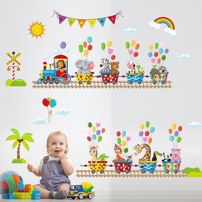 Jungle Animal Wall Stickers Forest Safari Wall Decals Kid Room Nursery Baby Bedroom Décor (Animal Train Balloon)