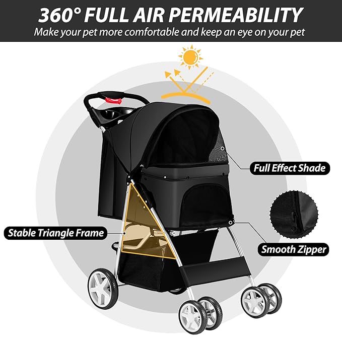 4 Wheels Pet Stroller for Small Medium Dogs Cats 10-33 lbs, Foldable Dog and Cat Stroller with Cup Holder & Storage Basket & Breathable Mesh, Pet Strolling Cart for All-Season, Black-Mewly Pet
