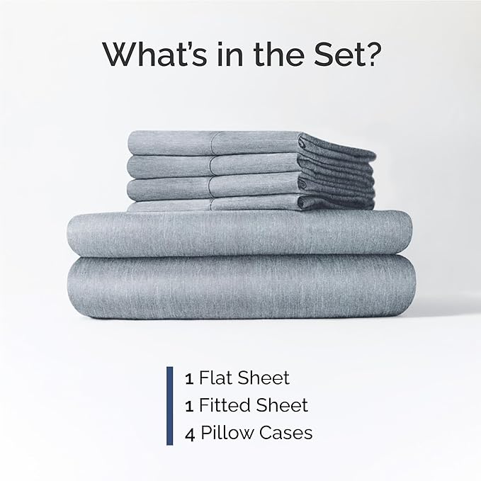 Full 6 Piece Sheet Set - Comfy Breathable & Cooling - Soft Hotel Luxury Bedding Set with 8-16 Inch Deep Pockets - 1 Flat & 1 Fitted Sheet & 4 Pillowcases - Wrinkle Free & Easy Care - Heathered Blue