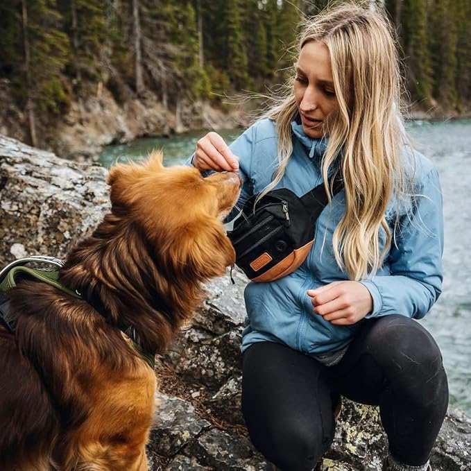 Wilderdog Utility Fanny Pack stores Treats, Balls, Keys in 3 Pockets with adjustable strap and Poop Bag dispenser (Black)-Mewly Pet