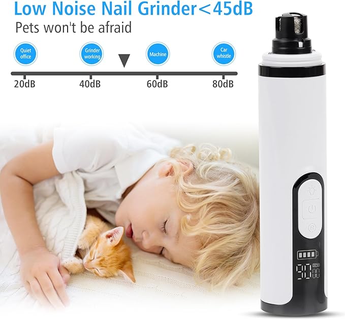 Pet Nail Grinder for Dogs and Cats - Super Quiet and Low Vibration Electric Dog Nail Grinder with 2 LED Lights - USB Rechargeable and Cordless - 3 Speeds - Small to Large Pets (White)-Mewly Pet
