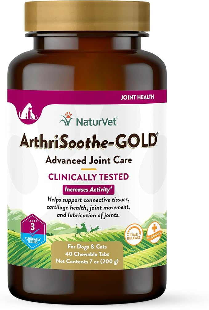 NaturVet ArthriSoothe-Gold Level 3, MSM and Glucosamine for Dogs and Cats, Advanced Joint Care Support Supplement with Chondroitin and Omega 3, Clinically Tested, Chewable Tablets, Made in The USA-Mewly Pet