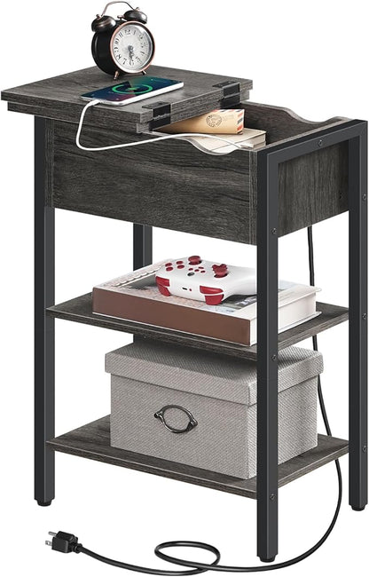 HOOBRO End Table with Charging Station, Narrow Side Table, Flip Top Nightstand with USB Ports and Outlets, Bedside Tables with Shelf for Small Spaces, Living Room, Charcoal Black BC341BZ01