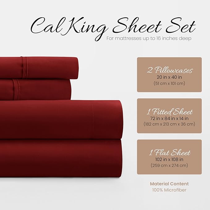 Linen Market Double-Brushed Microfiber California King Sheet Set 4 Piece – Oeko-TEX Certified Ultra Soft & Wrinkle-Free - 16" Deep Pocket Sheets Easy Care Cal-King Size - Burgundy