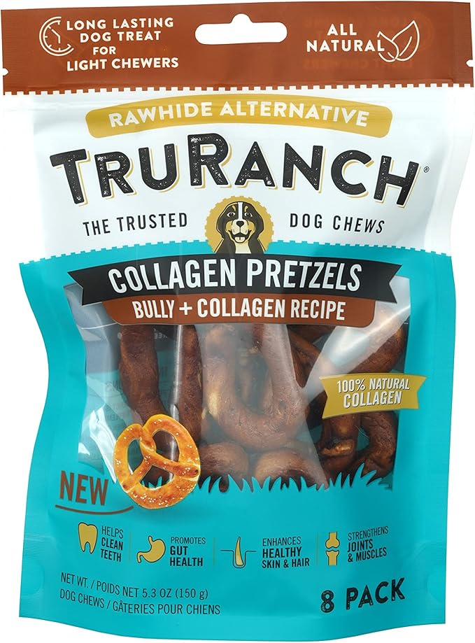 Collagen Pretzels, Bully - Collagen Dog Treats - Long Lasting Healthy Joint Support Dog Treat - Rawhide Alternative - Skin & Coat Health, 1 Bag, 8 Count-Mewly Pet