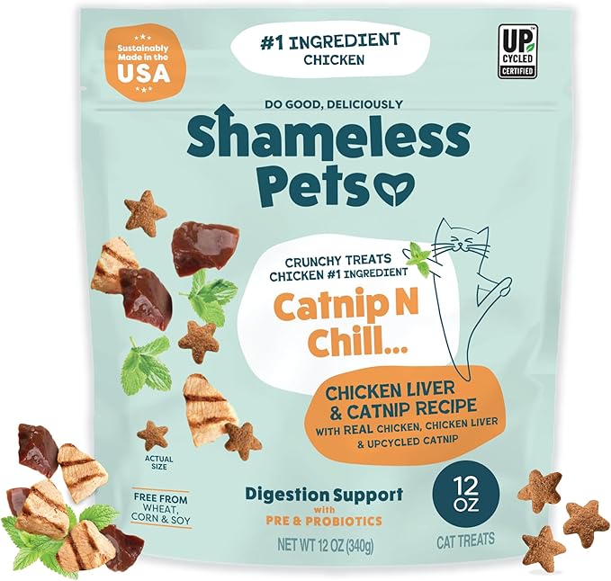Shameless Pets Crunchy Cat Treats - Catnip Treats for Cats with Digestive Support, Kitten Treats with Real Ingredients, Natural & Healthy Flavored Feline Snacks - Catnip N Chill Chicken Liver, 12 oz-Mewly Pet