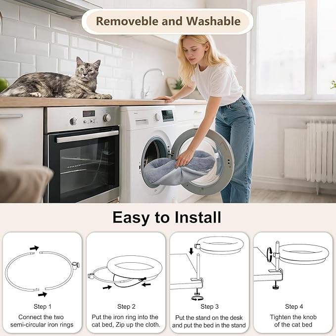 Cat Desk Bed with Summer Colling Mat, 360° Rotating & Height Adjustable Indoor Cat Nest, Large Desktop Cats Perch for Home Offcice Space Saving, Supports Up to 40 lbs, Machine Washable Removable Cover-Mewly Pet