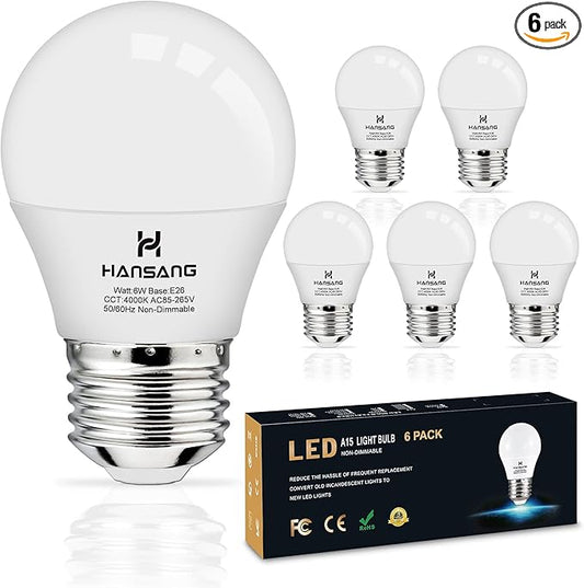 hansang E26 Ceiling Fan Light Bulbs, 4000K Natural Daylight, 60 Watts Equivalent, A15 LED Small Light Bulb, E26 Standard Base Refrigerator Light Bulb, 600lm, 120V, CRI85+, 120V, Non-Dimmable 6 Pack