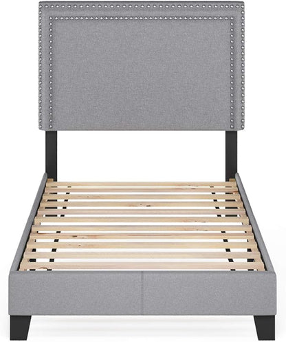 Furinno Laval Double Row Nail Head Upholstered Platform Bed Frame, Twin, Glacier