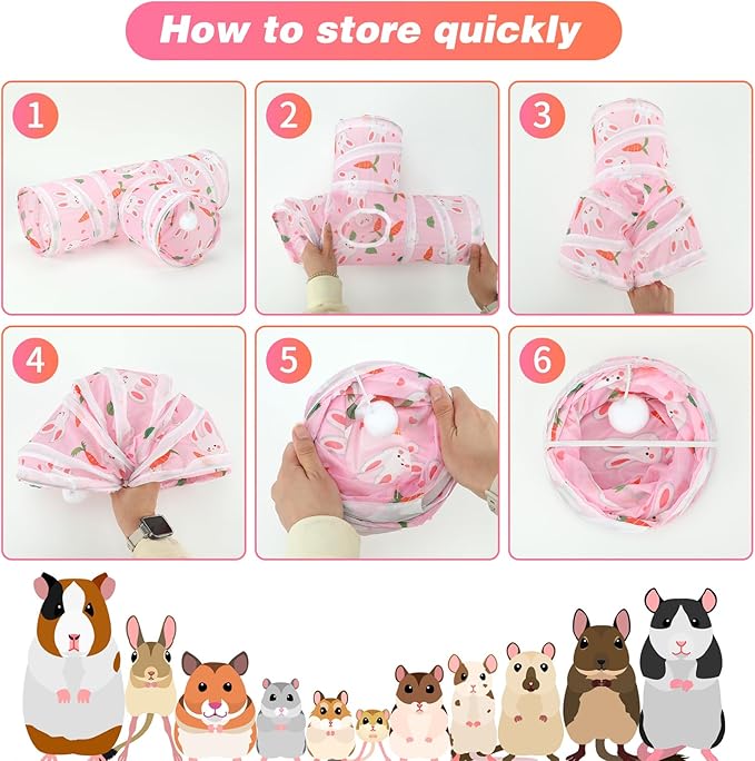 Rypet Guinea Pig Tunnel 3 Way Collapsible Small Pet Tunnels and Tubes with Interactive Ball for Baby Rabbit Ferret Hamster Chinchilla Hedgehog Hiding and Resting-Pink-Mewly Pet