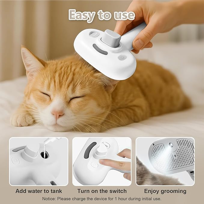 ‌3-in-1 Pet Steam Brush with Self-Cleaning & Cool Mist‌ – Portable Grooming Tool for Cats & Dogs, Long-Lasting Shedding Control & Detangling, Refillable Water Tank & Fast Charging-Mewly Pet