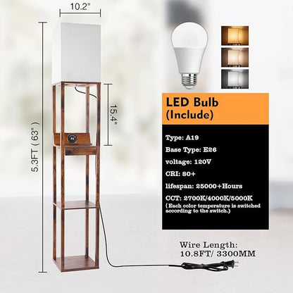 RUNTOP Floor Lamp with Shelves, Shelf Floor Lamp with Wireless Charger & 2 Charging USB Ports & Drawer, AC Outlet, 3 Color Temperature Tall Standing Lamp with Bulb for Living Room, Bedroom, Office