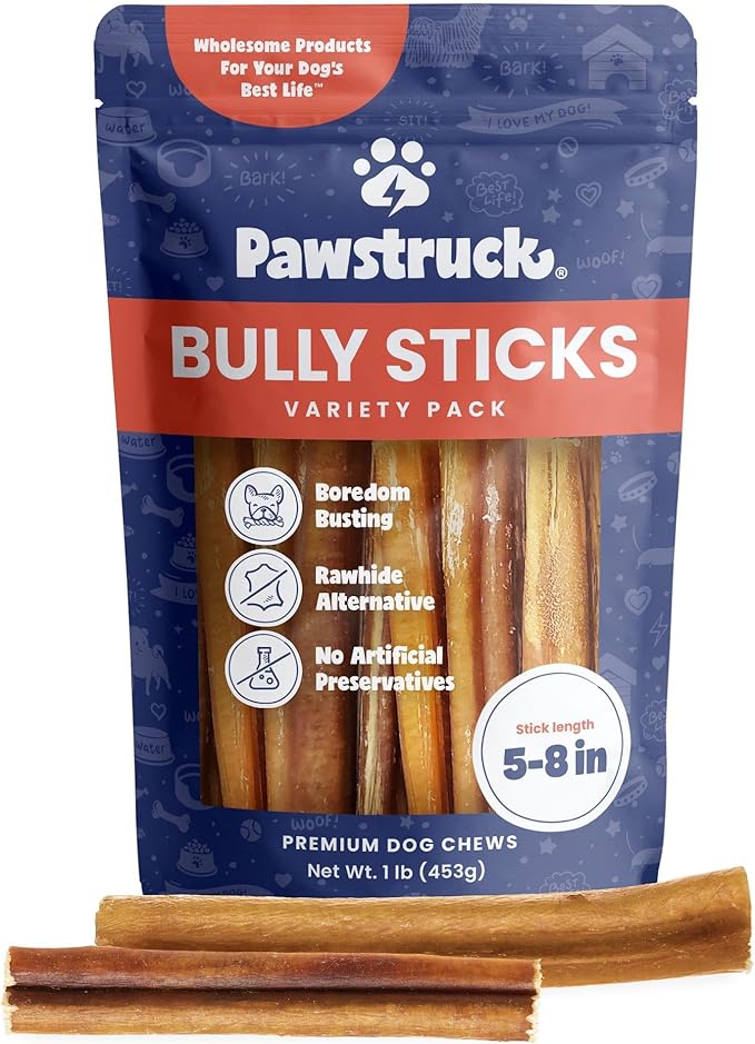 Pawstruck Premium 5-8" Bully Sticks for Dogs, 1 lb Bag - 100% Digestible, Natural Beef, Low Odor, Long-Lasting Chew for Medium & Large Dogs - Single Ingredient, Rawhide-Free Treat-Mewly Pet