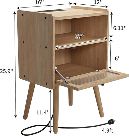 Mid Century Modern Nightstand with Charging Station, Bedside Tables with Glass Door, End Table Side Table with 2 Tiers Storage Space, for Bedroom, Living Room, Natural