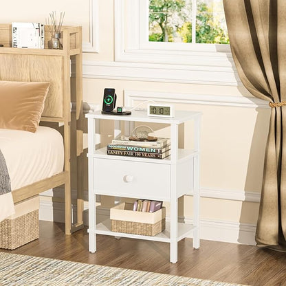 Lerliuo Nightstand Set of 2 with Charging Station and USB Ports, 3-Tier Storage End Table with Drawer Shelf, Night Stand for Small Spaces, Wood Bedside Table for Living Room, Bedroom - Elegant White