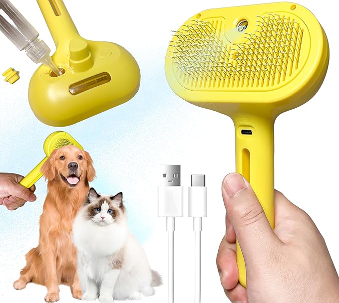 QOQ Self-Cleaning Spray Cat Brush for Shedding, Removes Static Flying Hair, and Works Wonders for Both Long and Short-Haired Pets 2 In 1 Cleaning Brush for Cats And Dogs Grooming (Yellow)-Mewly Pet