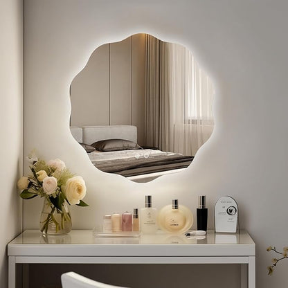 WallBeyond LED Bathroom Mirror with Lights, 24'' Wavy Round Light Up Bathroom Mirror, Anti Fog Led Mirror for Bathroom, 3 Colors and Dimmable Light