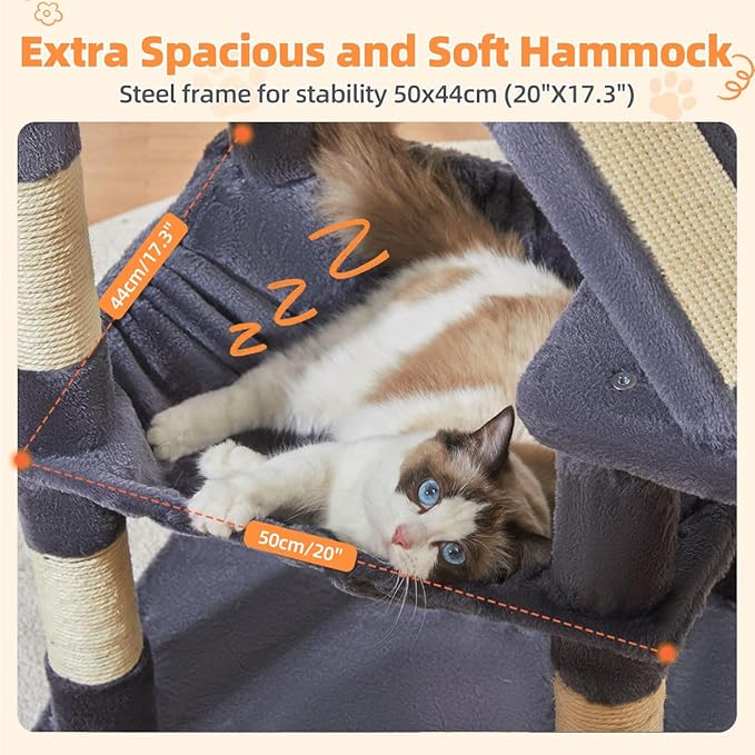 Taoqimiao Cat Tree 57.5-Inch, Cat Tower for Indoor Cats Large Adult, Extra Large Cat Condo, 8 Sisal Scratching Posts, Metal Frame Cozy Hammock, Durable Scratch Board, 2 Top Perches, Smoky Gray MS026G-Mewly Pet