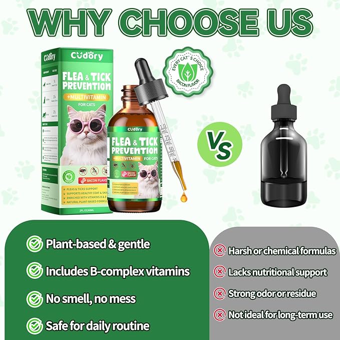 Flea & Tick Support for Cats – Natural Herbal Drops with Multivitamin – Fleas and Ticks Comfort Formula for Cat All Breeds & Ages – Bacon Flavor-Mewly Pet