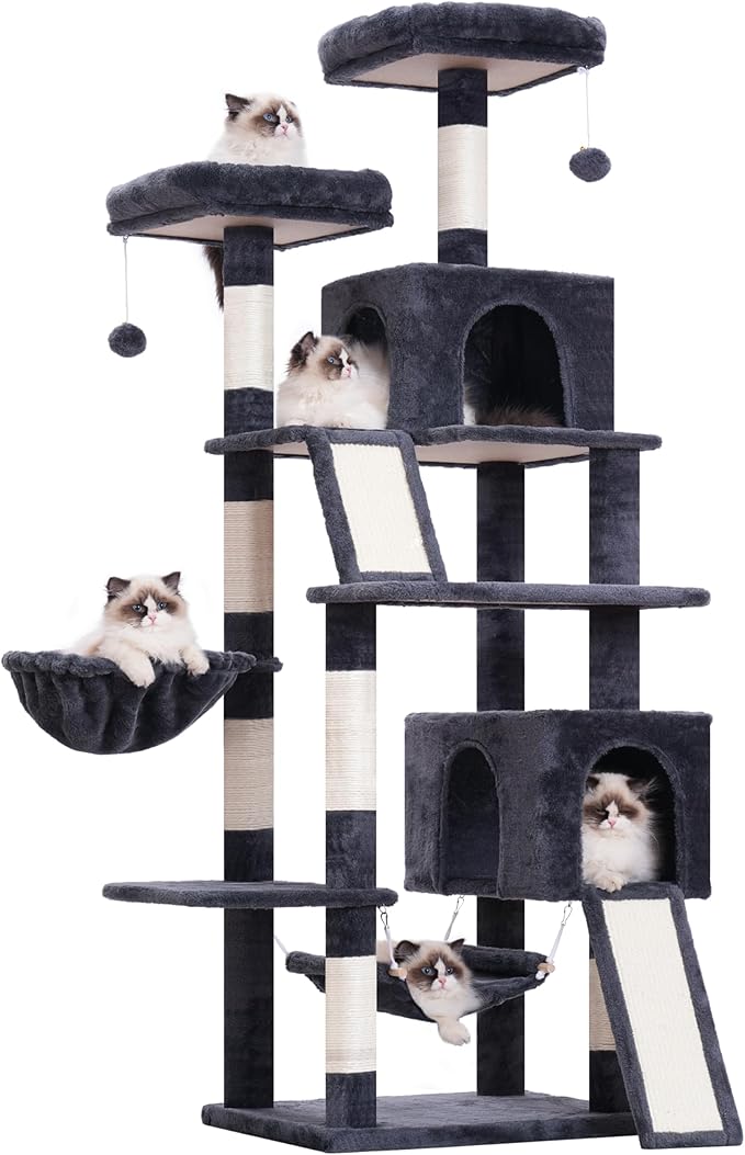 Cat Tree for Indoor Cats, 71'' (180cm) Multi-Level Cat Tower for Large Adult, Sturdy Cat Tree House with 2 Scratching Boards 7 Posts, 2 Plush Perches/Condos, Hammock, Smoky Gray GCT032G-Mewly Pet