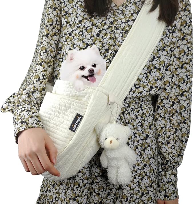 NATUYA Small Dog Carrier Sling Cat Sling,Adjustable Strap Hand Free Pet Puppy for Outdoor Traveling Subway (White, Canvas)-Mewly Pet
