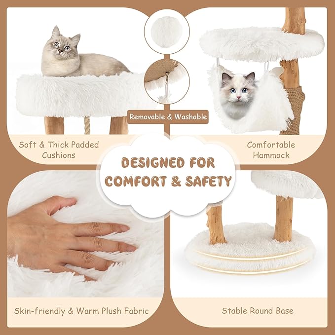 Tangkula Cat Tree Tower, Solid Wood Modern Cat Tower with Cozy Top Perch, 2 Platforms & 1 Hammock, Natural Branch Cute Cat Tree with Scratching Posts & Sisal Rope for Indoor Cats-Mewly Pet