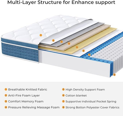 koorlian Twin Bed Mattress 8 Inch - Cooling Hybrid Single Mattress in a Box for Back Pain Relief - Pocket Spring & Memory Foam | Fiberglass-Free, Medium Firm Feel, CertiPUR-US, 120 Nights Trial