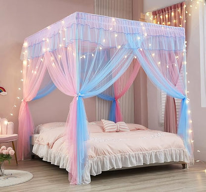 Mengersi Rainbow Canopy Bed Curtains with Lights - Princess Bed Canopy for Girls - Bed Drapes Netting- Bedroom Decoration Accessories,Queen