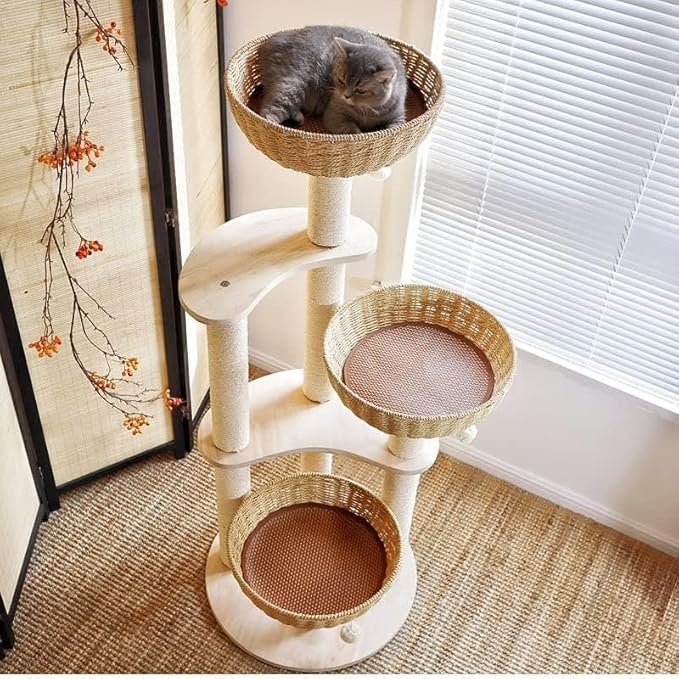 Modern Wood Rattan Cat Tree for Large Cats, Luxury Multi-Level Oak Solid Wood Cat Trees Towers，w/3 Weaving Cat Nests & Washable Cushions, Sisal Scratching Posts, for Indoor Large Cats-No paint/wax oil-Mewly Pet