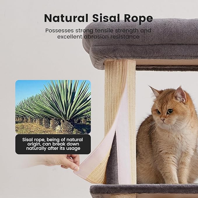 Gardner Pet 65in Heavy Duty Cat Tree Tower for Large Cats, Multi-Level Cat Furniture with Replaceable Sisal Scratching Post, Hammock | Extra-Large Platform & Condo (Upgraded Grey)-Mewly Pet