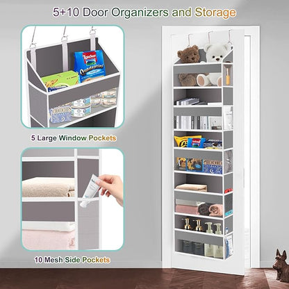Over The Door Organizer Closet,5 Bins 10 Side Pockets,Hanging Organizer,Anti Tilt 44 lbs Load Organizers and Storage with Clear Window for Bedroom,Nursery,Rv,Bathroom,Camper(Light Grey)
